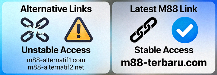 Ilustrasi perbandingan link alternatif dan link terbaru M88 untuk akses stabil